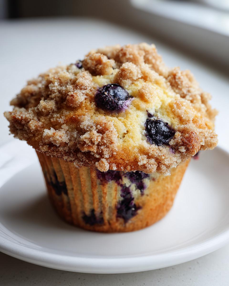 A close-up of a golden blueberry muffin topped with sweet cinnamon streusel, sitting on a white plate.