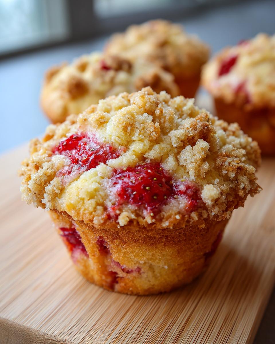 A close-up of a freshly baked strawberry muffin topped with a generous layer of golden streusel crumb topping.