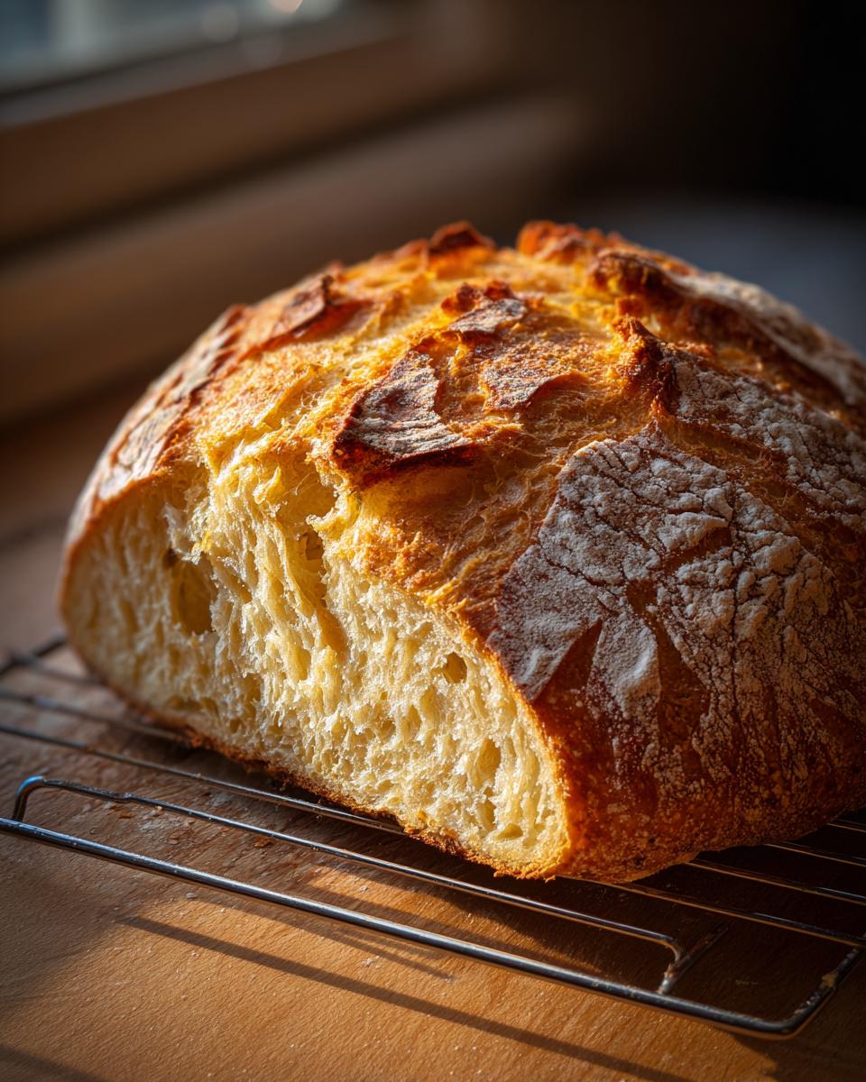 A freshly baked loaf of Italian bread, cut to show the airy crumb, cooling on a wire rack.