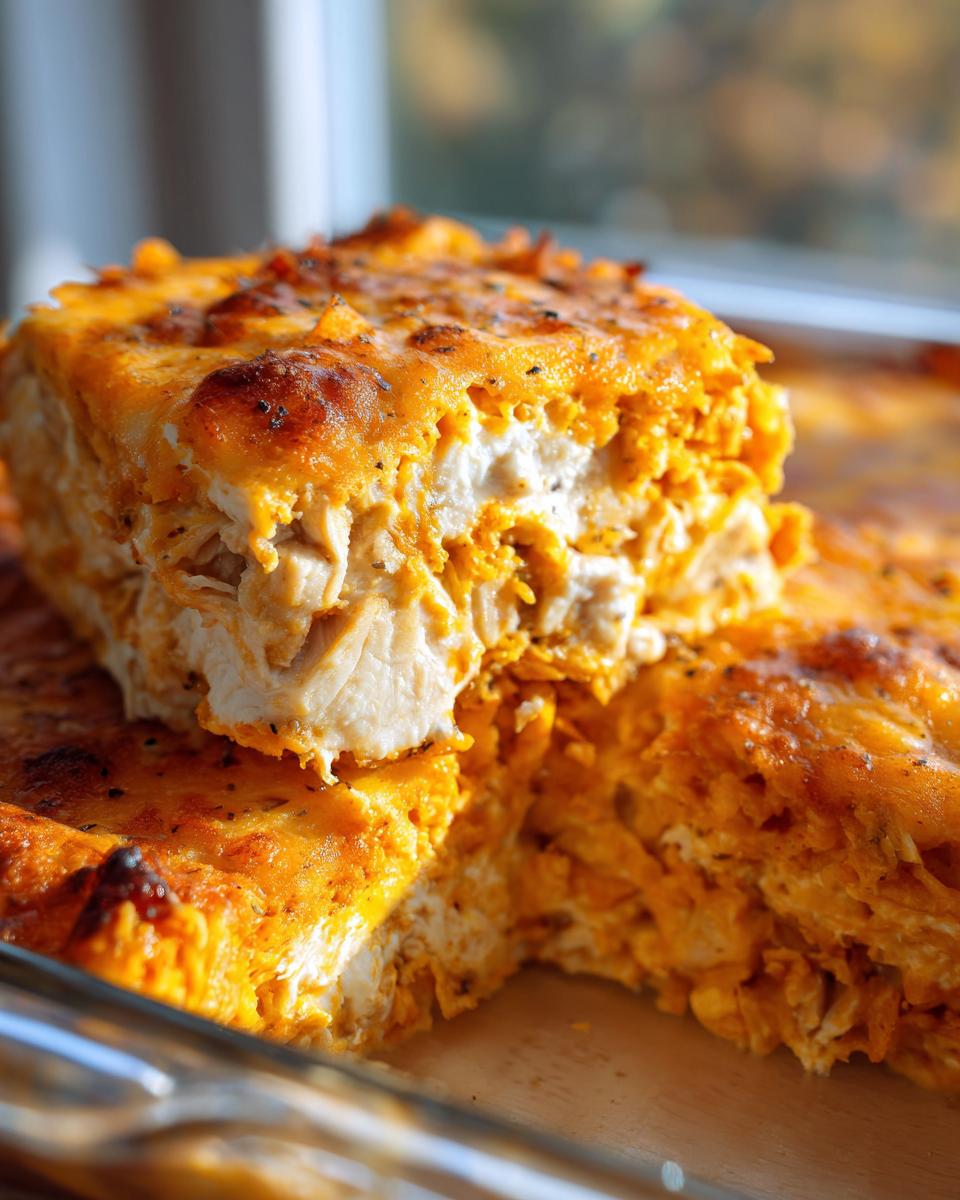 A thick, cheesy slice of Dorito Casserole showing layers of shredded chicken and orange sauce.