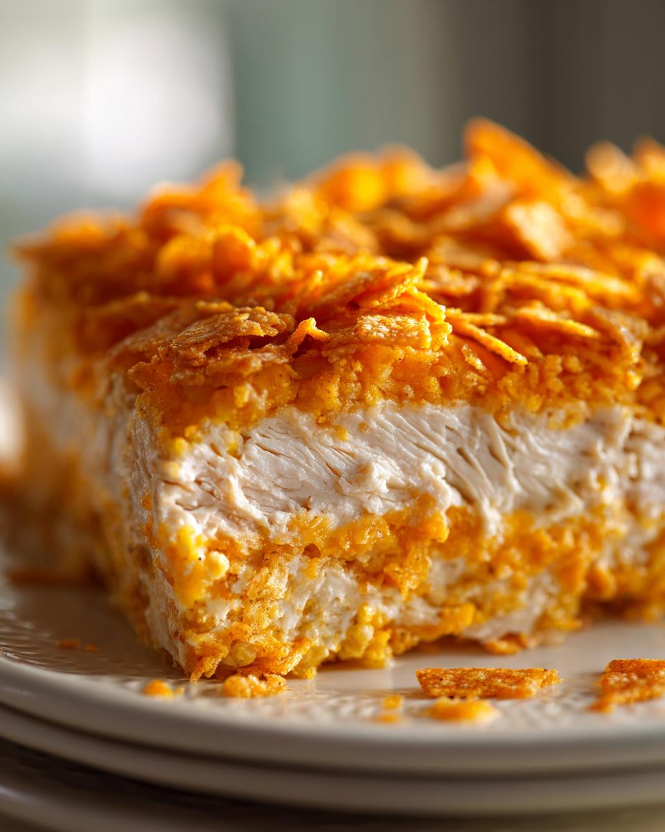A close-up of a thick slice of Dorito Casserole showing shredded white chicken filling covered in a bright orange, crunchy Dorito topping.