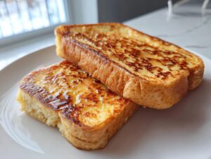 Two thick slices of golden brown easy french toast drizzled with syrup on a white plate.