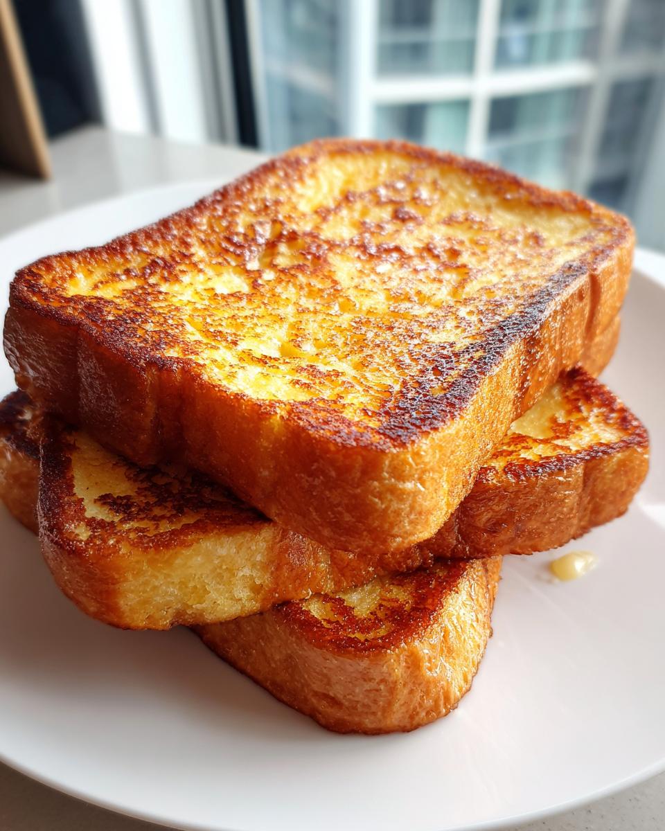 A stack of three thick, golden-brown slices of easy french toast on a white plate.