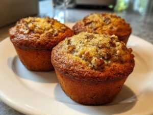 Three freshly baked banana nut muffins with a crunchy, sugary nut topping, displayed on a white plate.