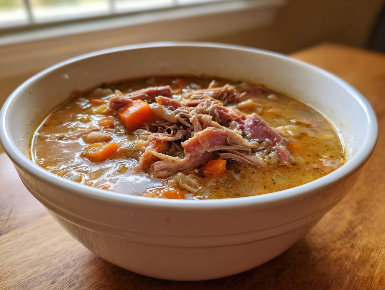 Close-up of a white bowl filled with rich Ham and bean soup, topped with shredded ham and carrots.