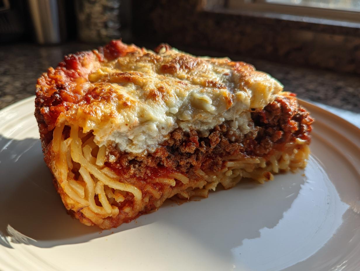 A close-up slice of baked spaghetti pie showing layers of pasta, meat sauce, and a creamy cheese topping.