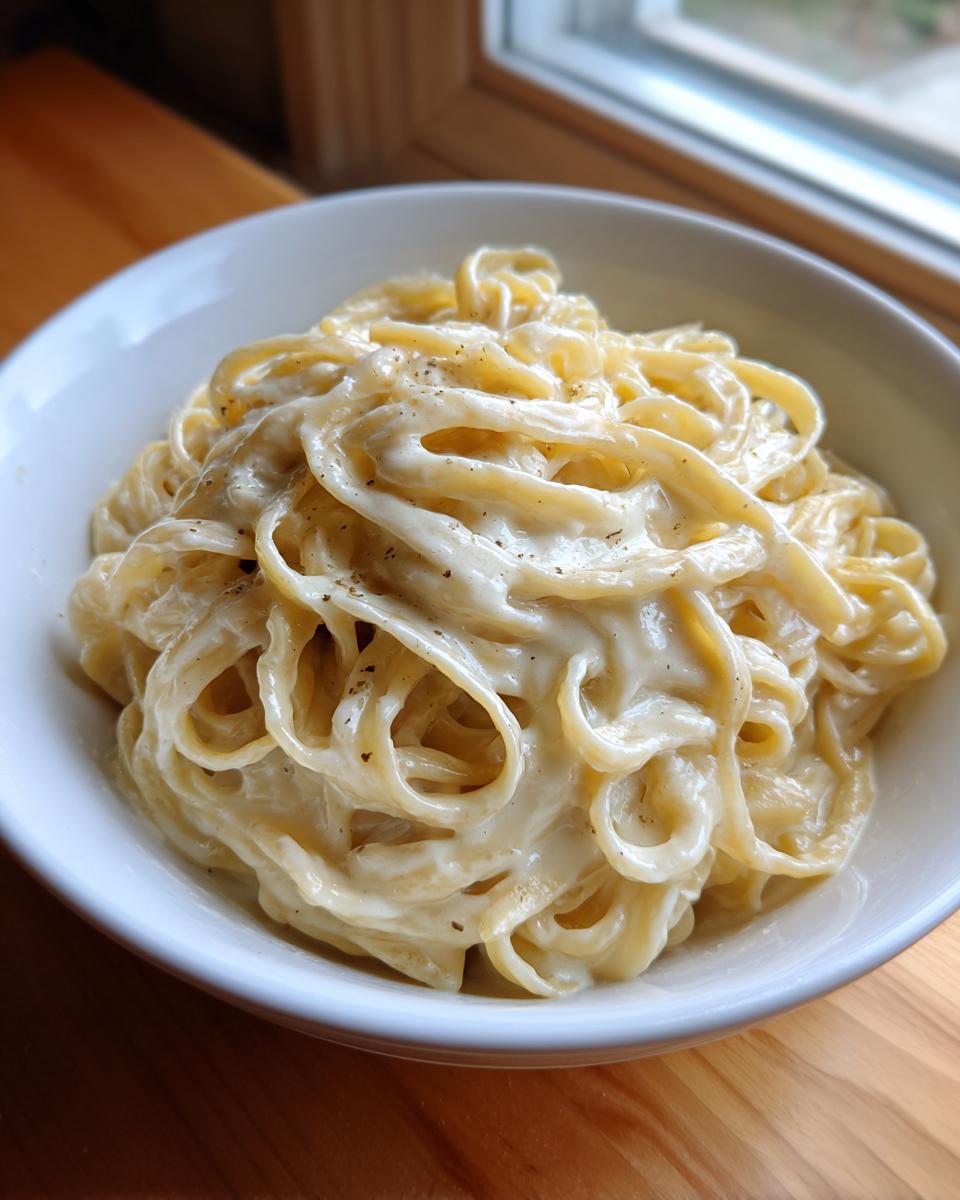 A white bowl filled with fettuccine pasta generously coated in creamy homemade alfredo sauce and black pepper.