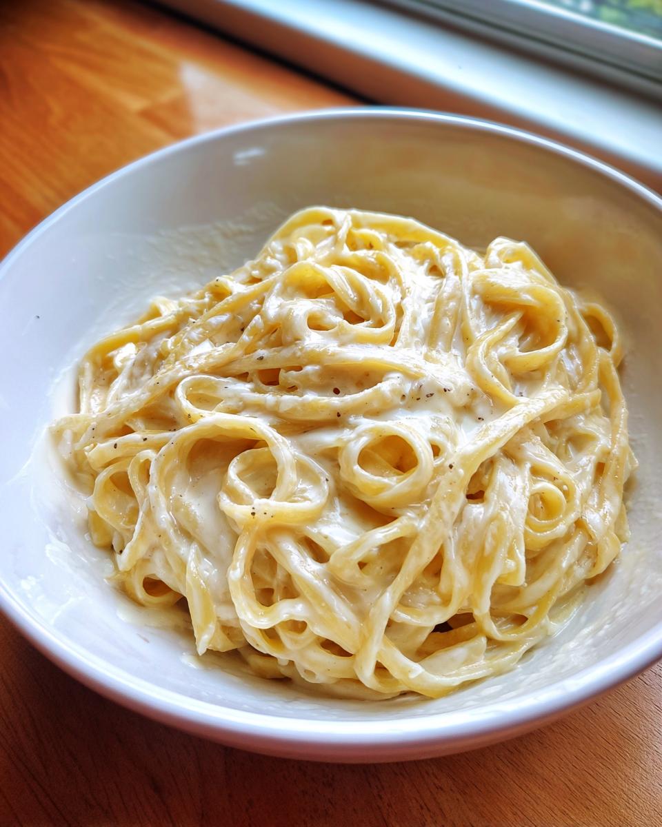 A close-up of fettuccine pasta generously coated in rich homemade alfredo sauce, served in a white bowl.