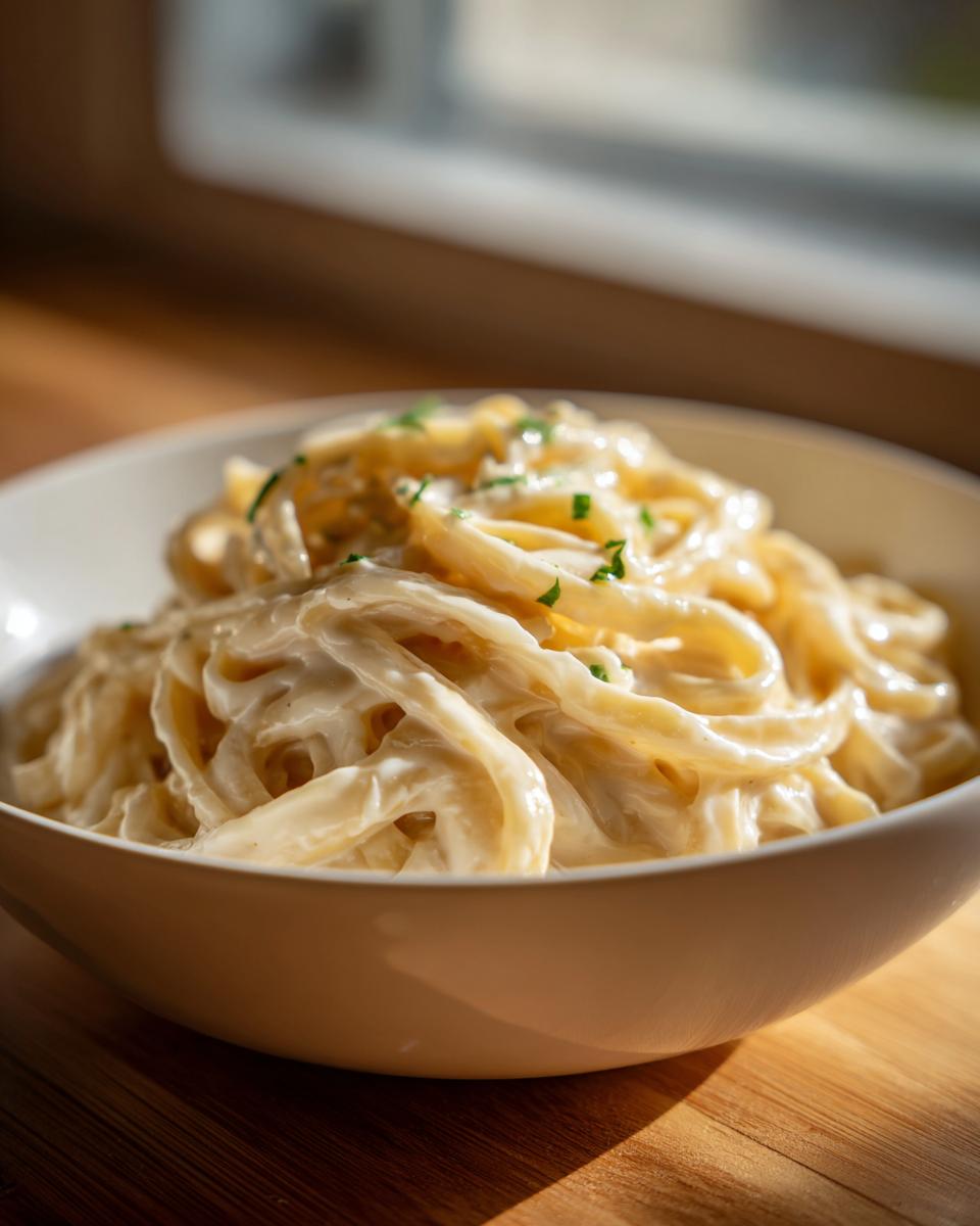 A close-up of fettuccine pasta generously coated in rich homemade alfredo sauce, garnished with parsley.