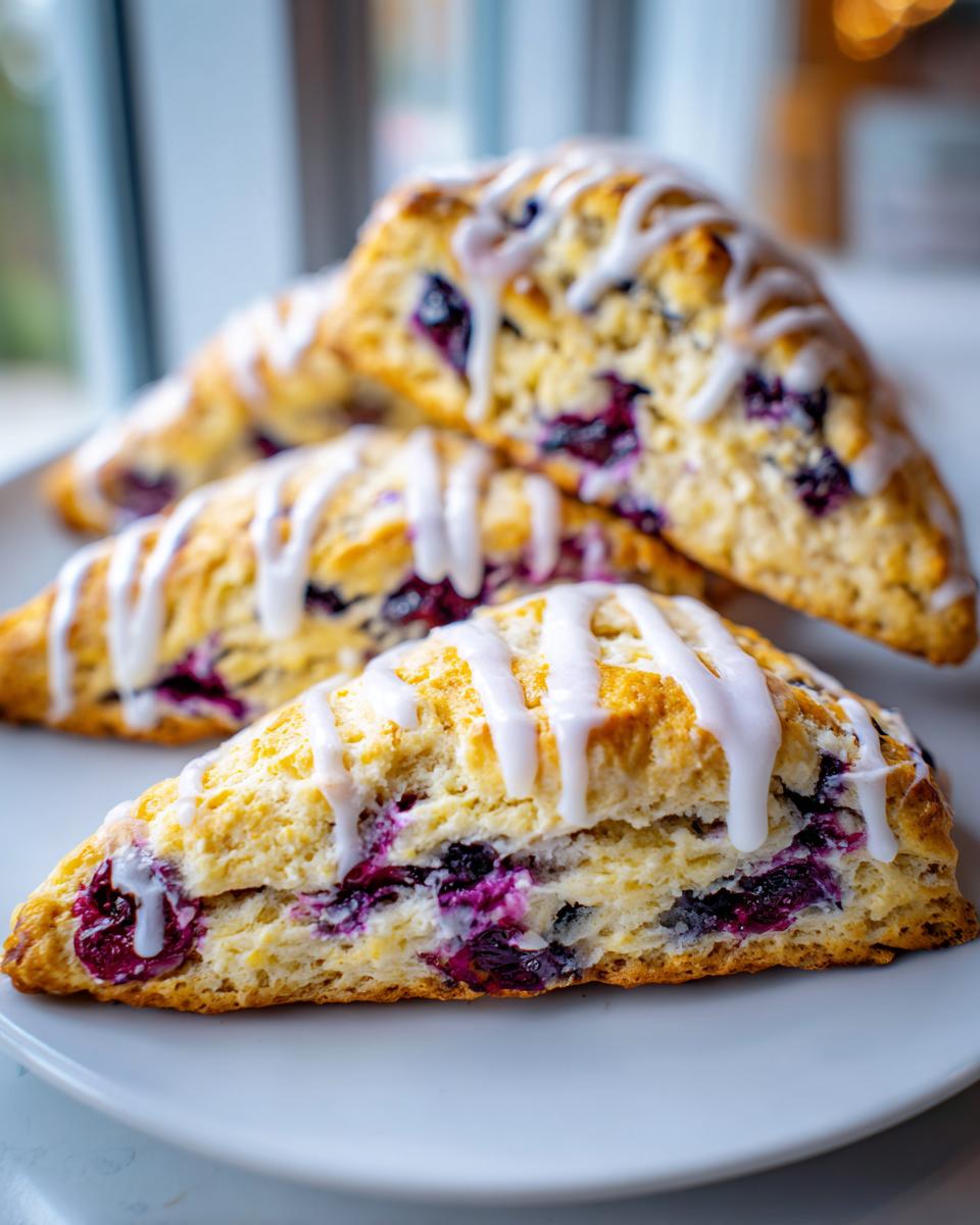 Close-up of flaky blueberry scones drizzled with white vanilla glaze, showing rich purple berries inside.