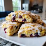 A stack of flaky, freshly baked blueberry scones topped with a white vanilla glaze, showcasing the juicy berries inside.