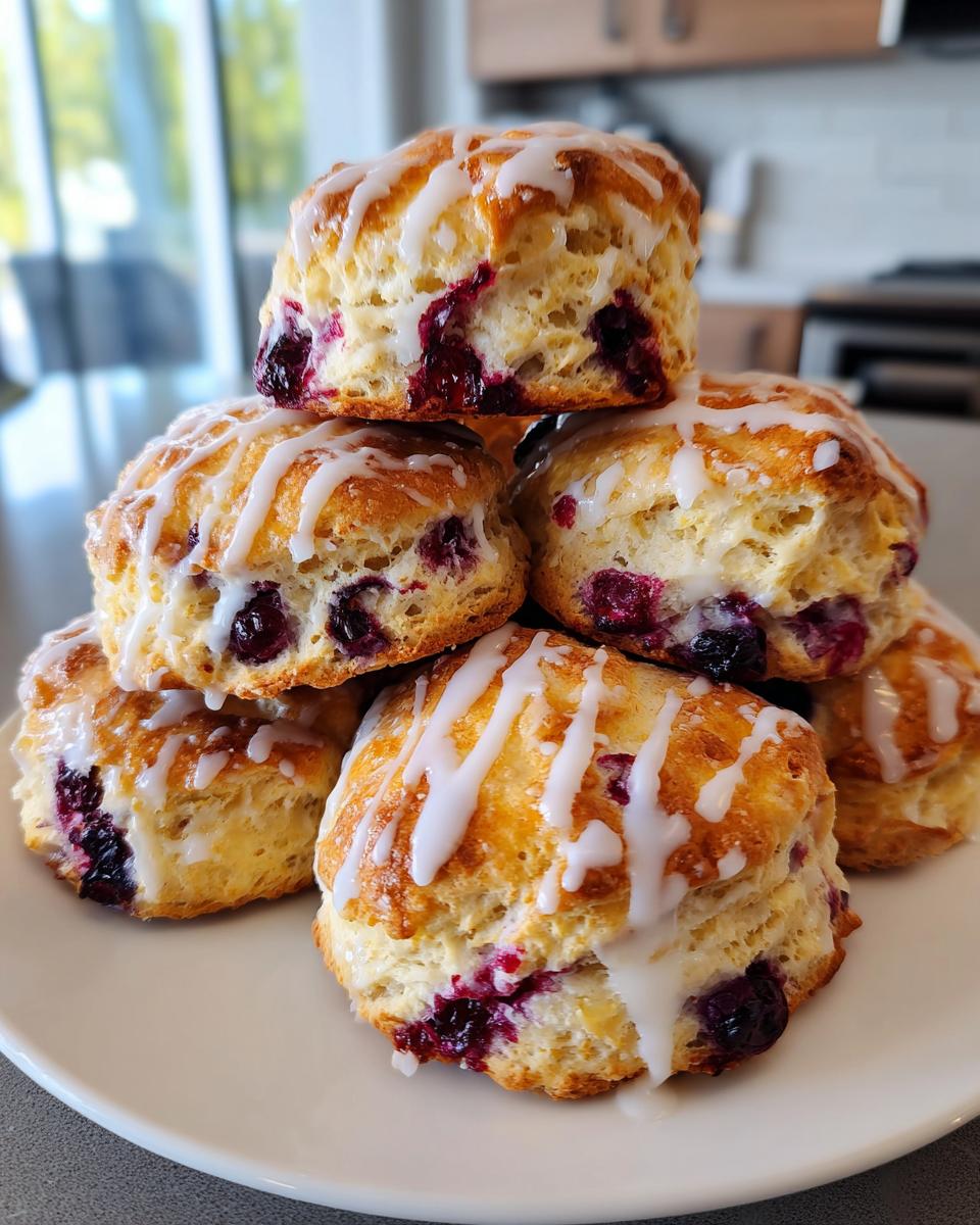 A stack of freshly baked, flaky blueberry scones drizzled with white glaze, showcasing juicy burst blueberries.