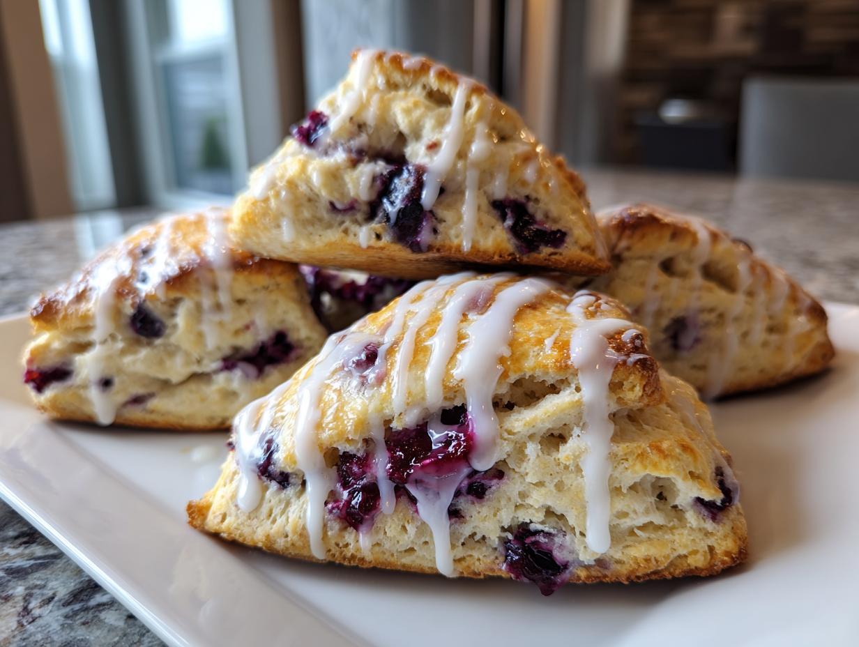 A stack of four flaky blueberry scones drizzled generously with white vanilla glaze, showcasing the burst blueberries inside.