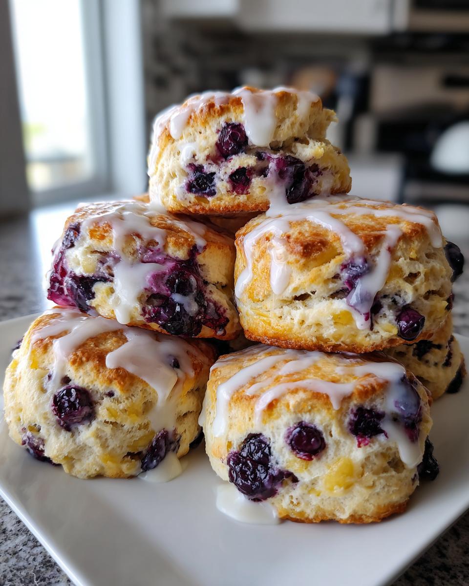 A stack of freshly baked, flaky blueberry scones topped with a sweet white icing drizzle.