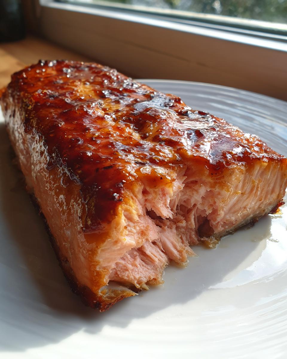 Close-up of a perfectly cooked, flaky salmon fillet with a rich, shiny glaze, showing its moist interior.