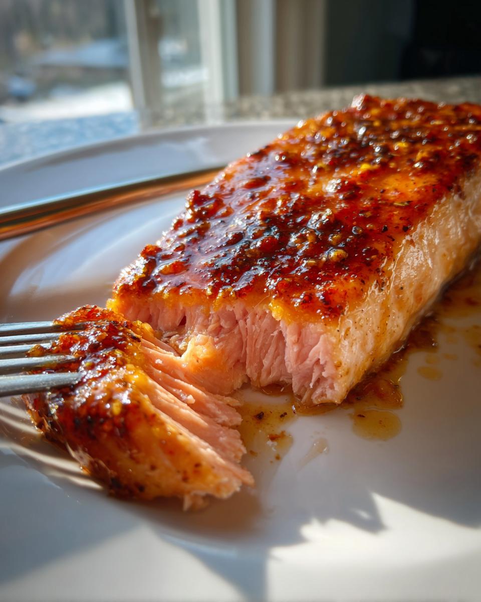A close-up of a perfectly cooked, flaky salmon fillet with a shiny, dark glaze being tested for doneness with a fork.