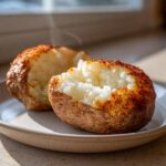 Close-up of a steaming, perfectly cooked air fryer baked potato cut open, showing fluffy white interior and crispy seasoned skin.