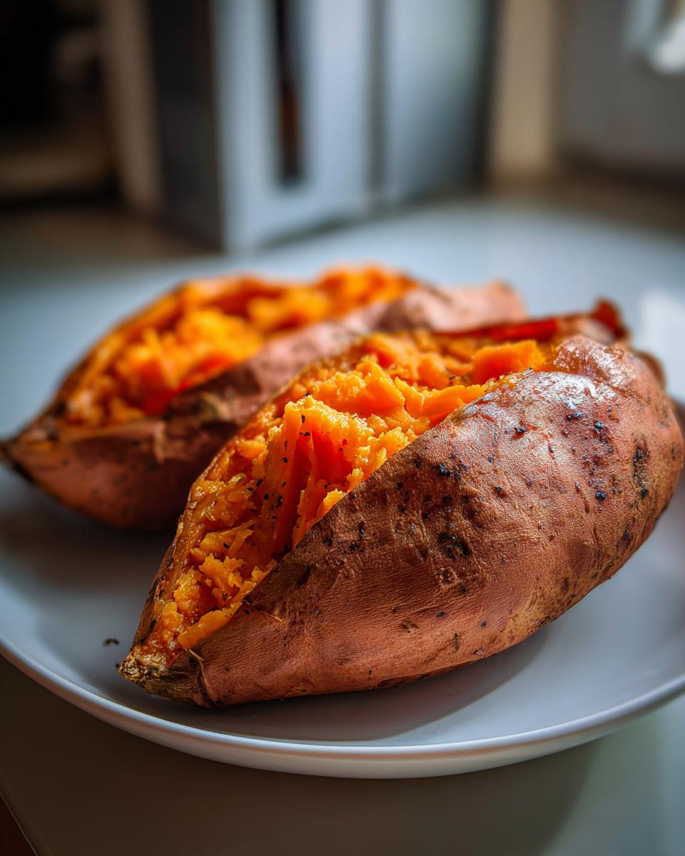 Close-up of a perfectly baked sweet potato, split open to show fluffy orange flesh seasoned with black pepper.