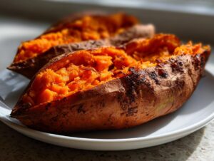 Close-up of a perfectly baked sweet potato, split open to show fluffy orange interior.