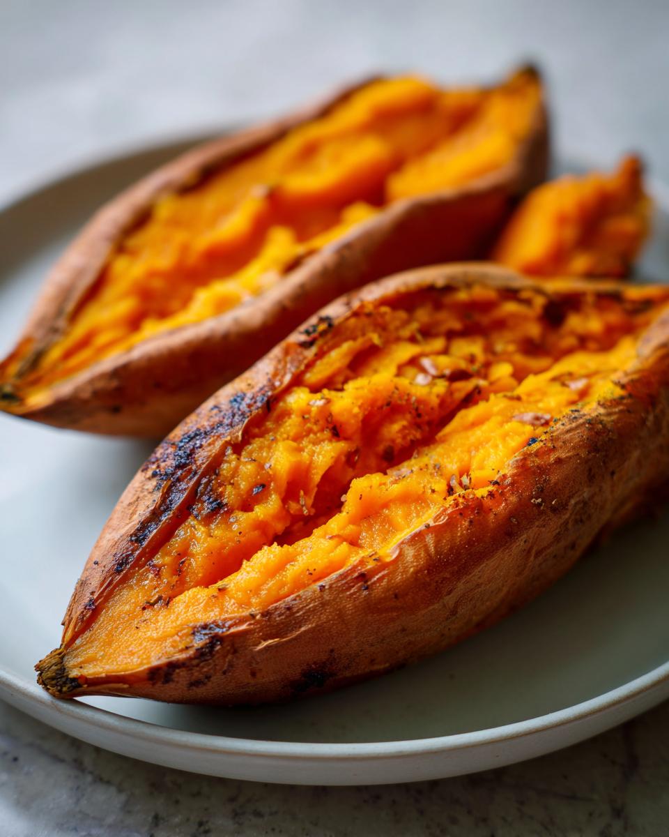 Two fluffy baked sweet potato halves, split open to show the bright orange interior, resting on a light plate.