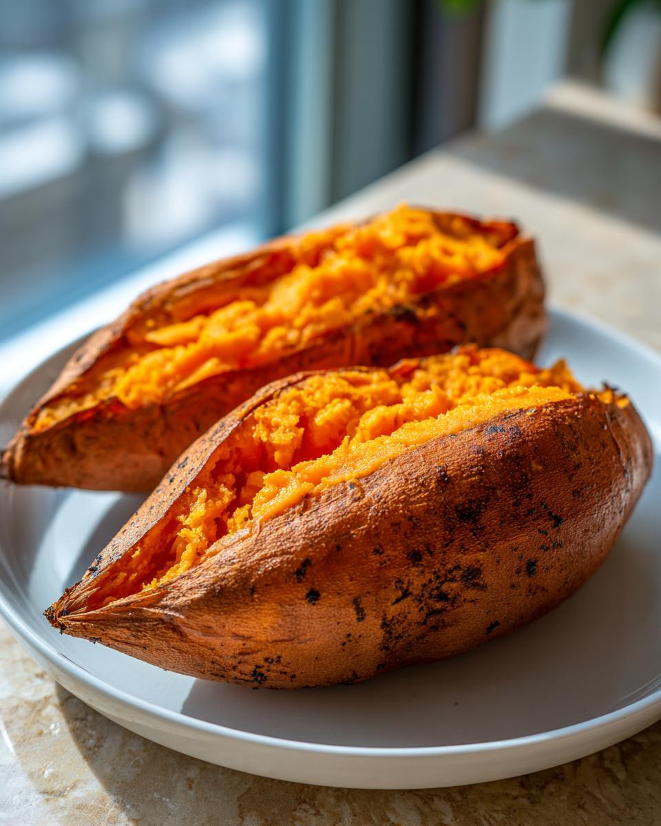 Two halves of a perfectly baked sweet potato, showing fluffy orange interior, ready to eat.