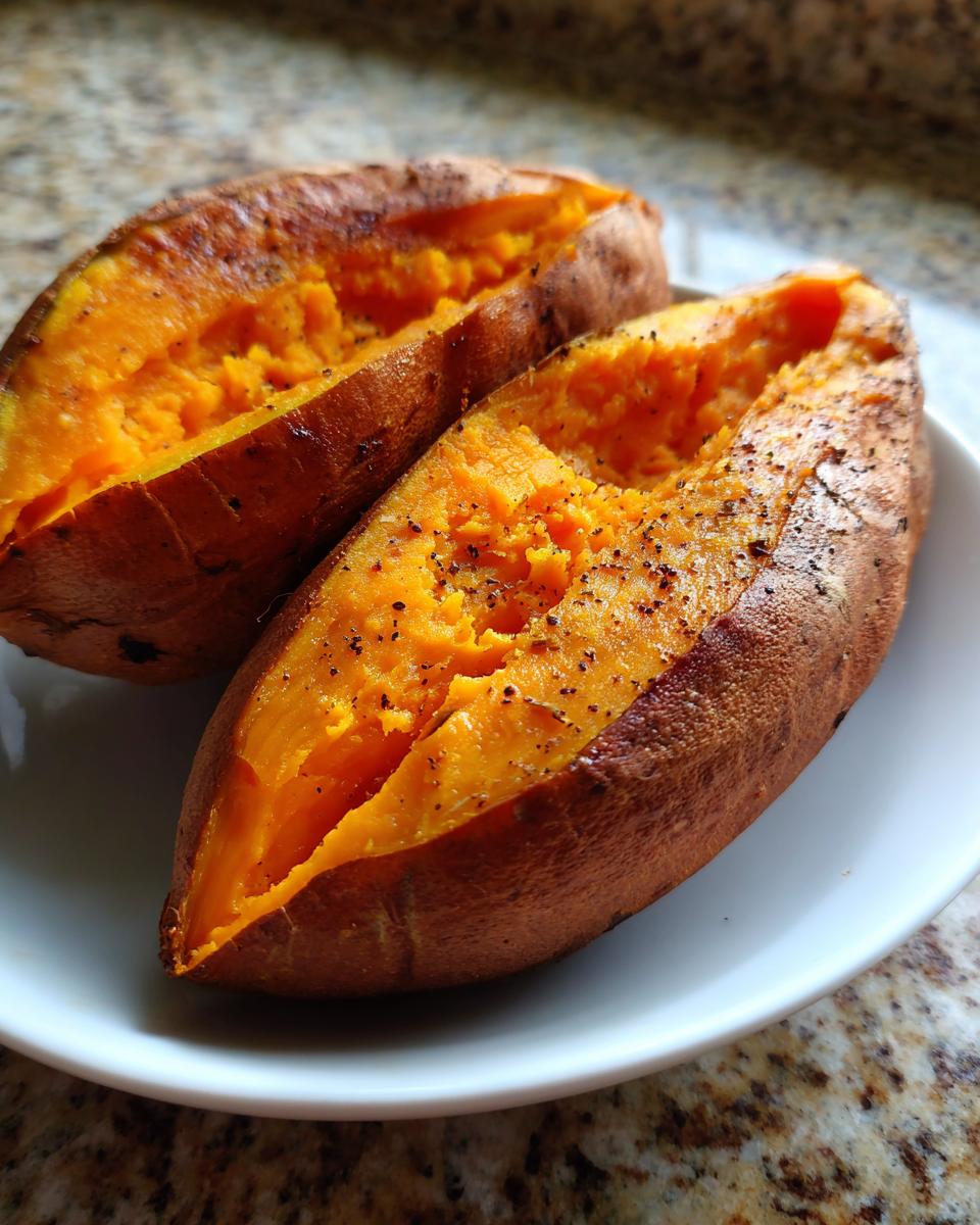 Two halves of a fluffy baked sweet potato, seasoned with black pepper, served on a white plate.