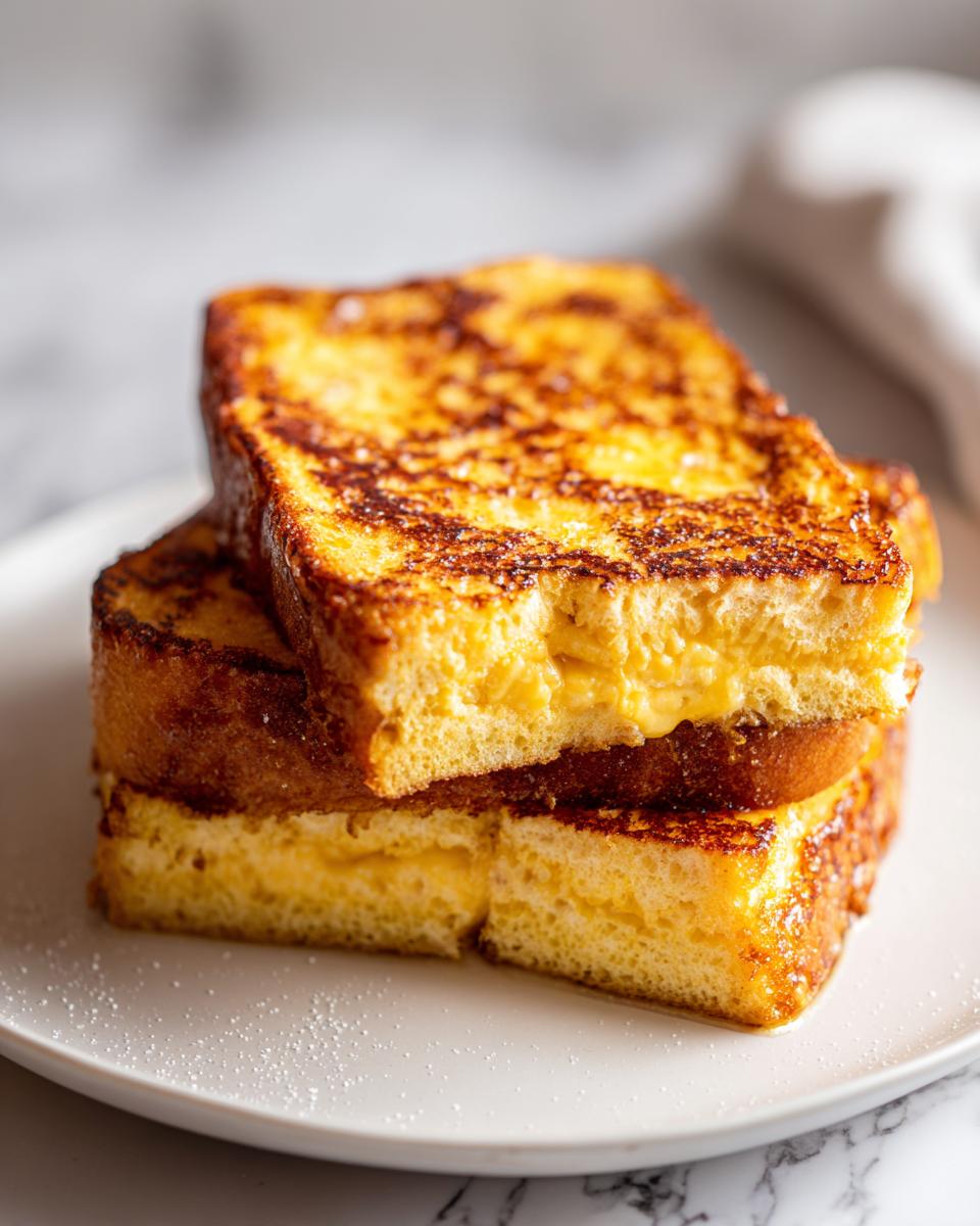 A stack of three thick, golden-brown slices of easy french toast dusted lightly with powdered sugar.