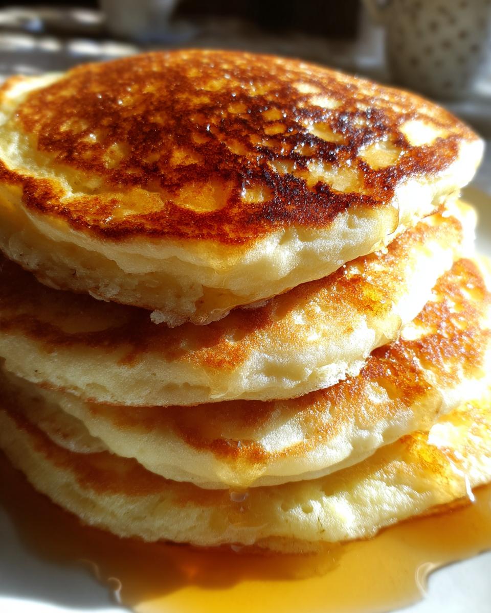 Close-up of a tall stack of fluffy sourdough pancakes dripping with golden syrup.