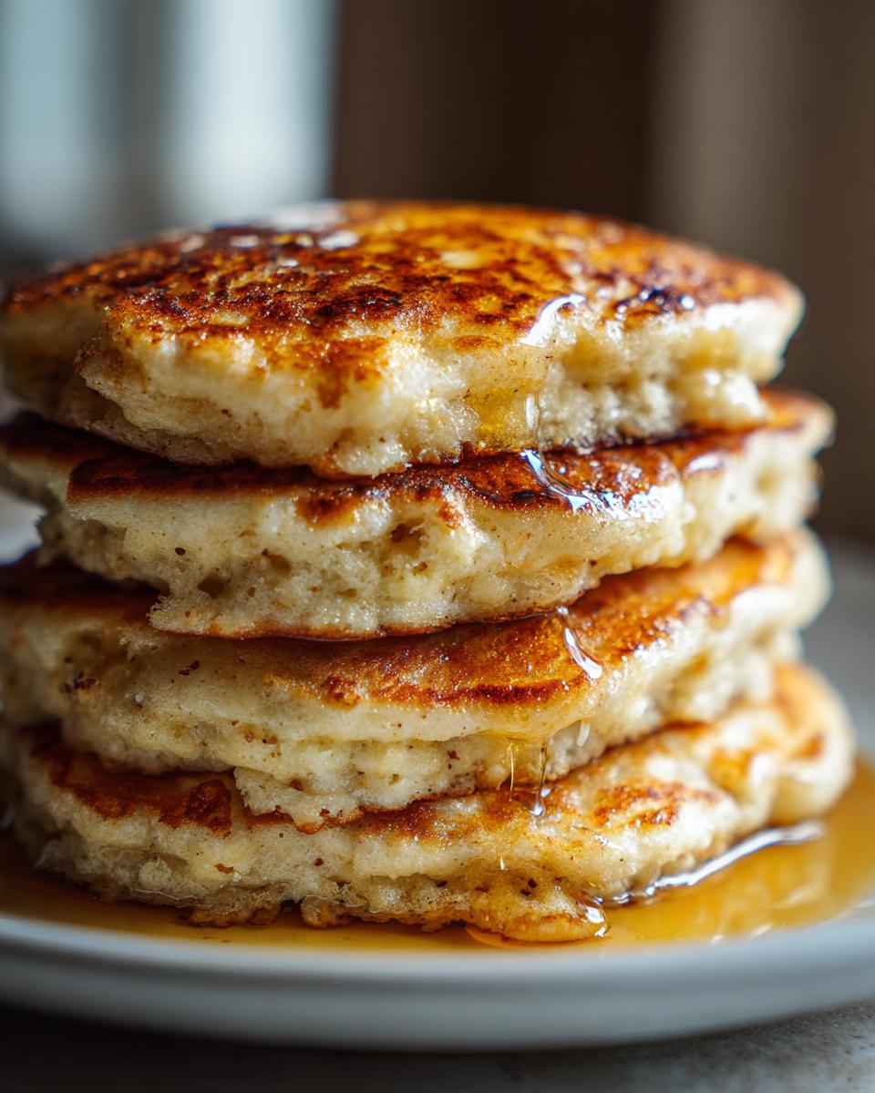 Close-up of a tall stack of fluffy sourdough pancakes drizzled with golden syrup.