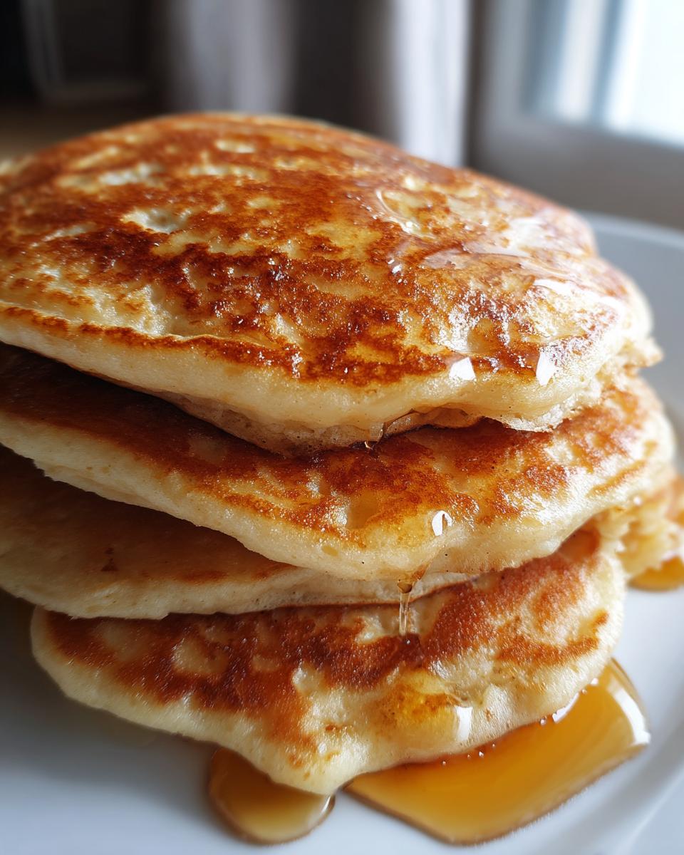 Close-up of a tall stack of fluffy sourdough pancakes drizzled generously with golden syrup.