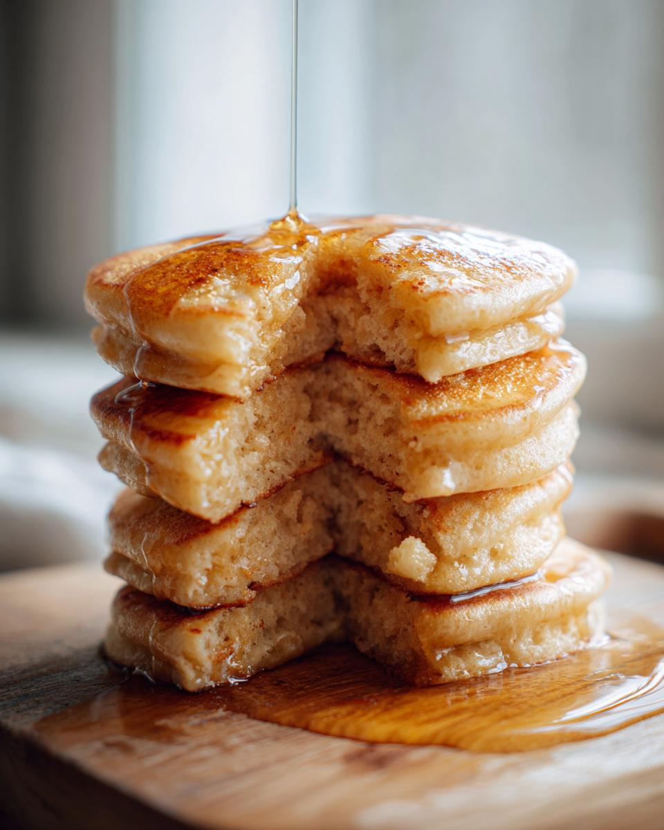 A stack of fluffy sourdough pancakes with a piece removed, drizzled generously with golden syrup.