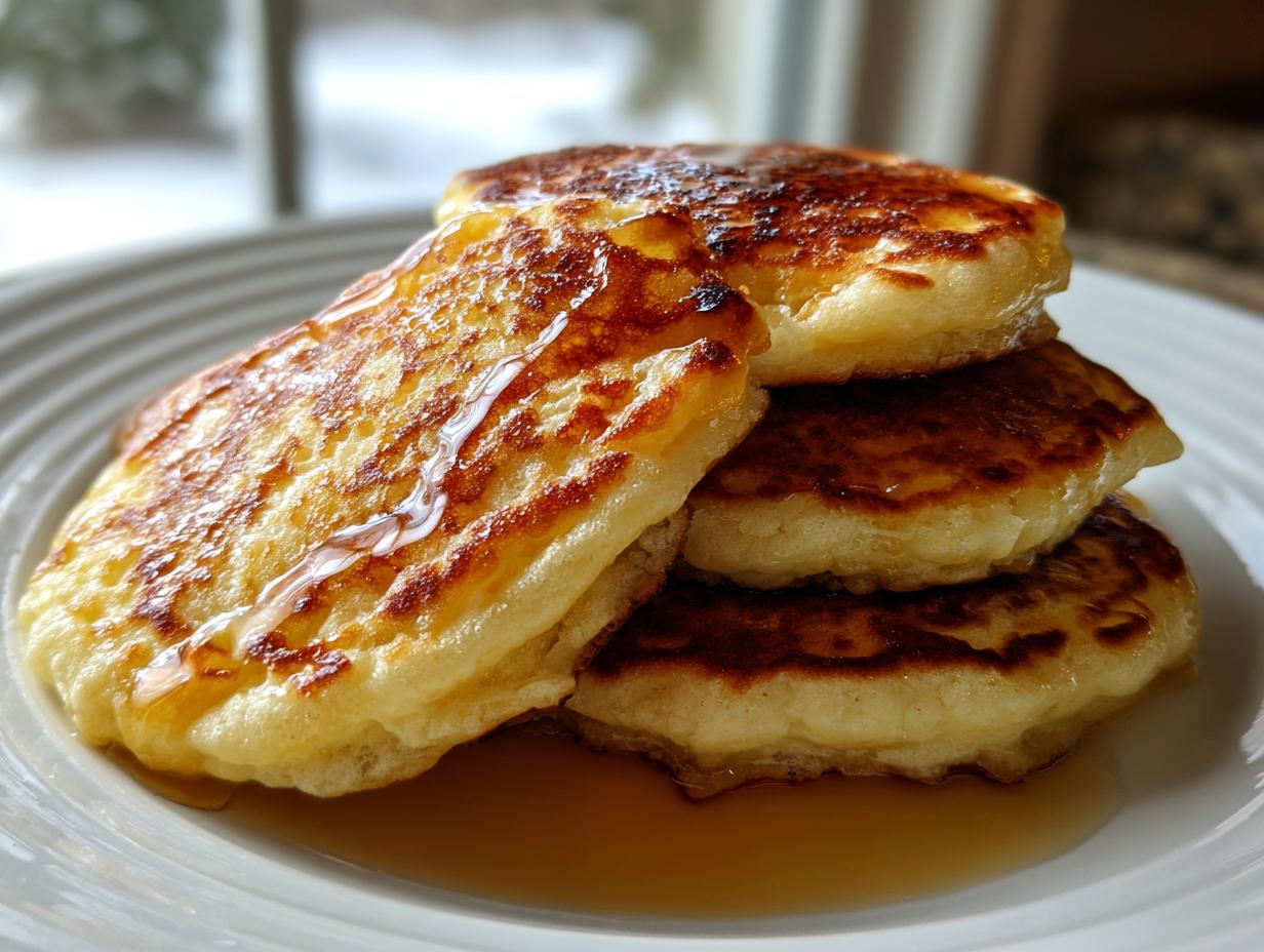 A stack of four fluffy sourdough pancakes drizzled with syrup on a white plate.