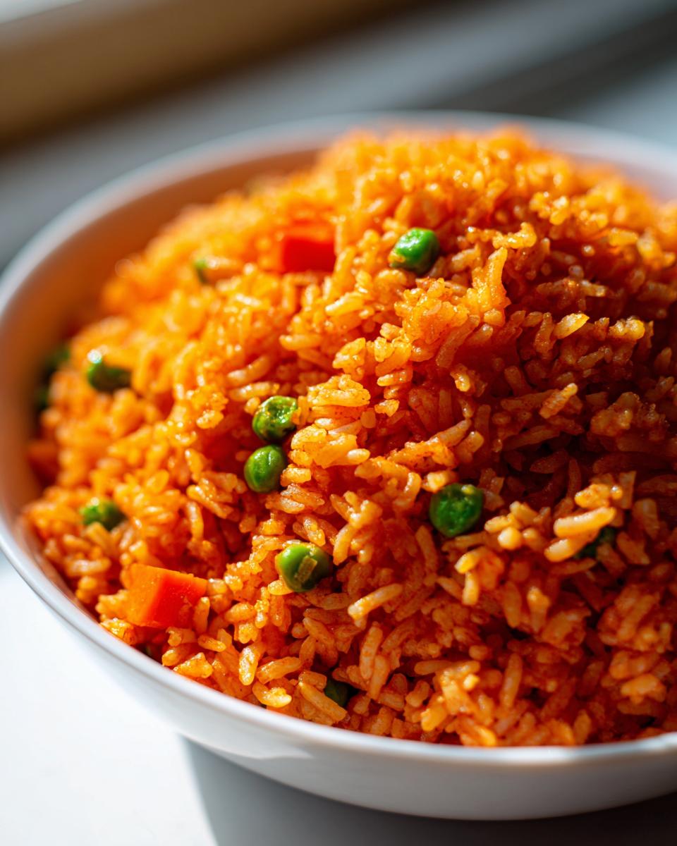 Close-up of fluffy, bright orange spanish rice mixed with green peas and diced carrots in a white bowl.