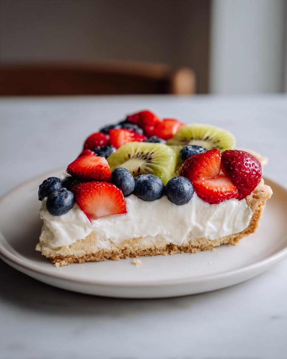 A delicious slice of fruit pizza sugar cookie topped with cream cheese frosting, strawberries, blueberries, and kiwi.