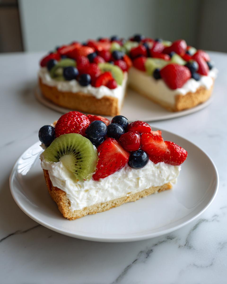 A slice of fruit pizza sugar cookie topped with whipped cream, strawberries, blueberries, and kiwi.