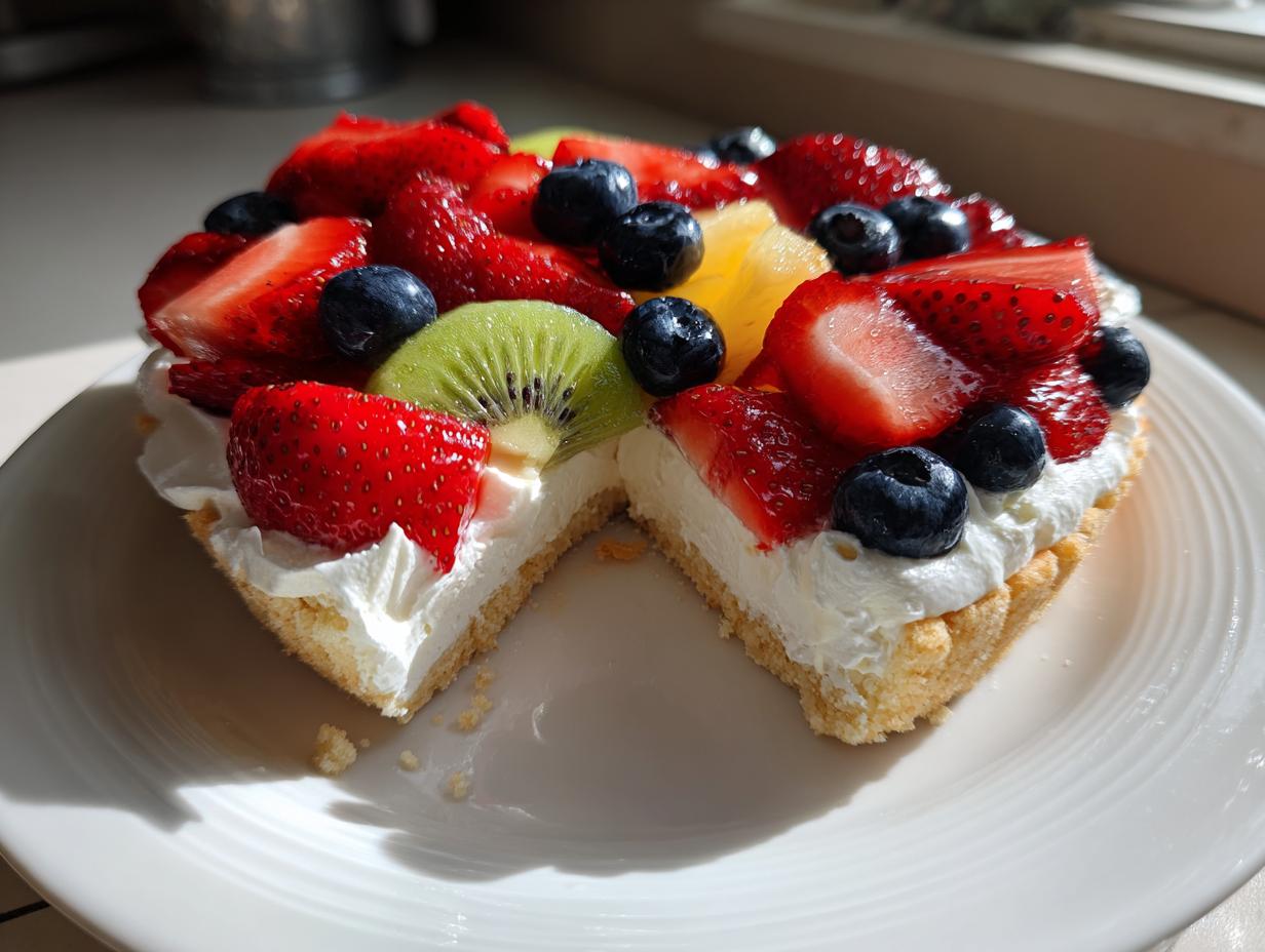 A slice cut from a fruit pizza sugar cookie, showing the thick crust, cream cheese layer, and colorful topping of strawberries, blueberries, and kiwi.