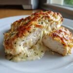 Close-up of a juicy Garlic parmesan chicken bake cut open, showing melted cheese oozing out.