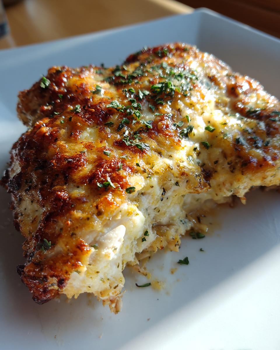 A bite taken out of a juicy Garlic parmesan chicken bake with a golden-brown, cheesy crust and fresh parsley.