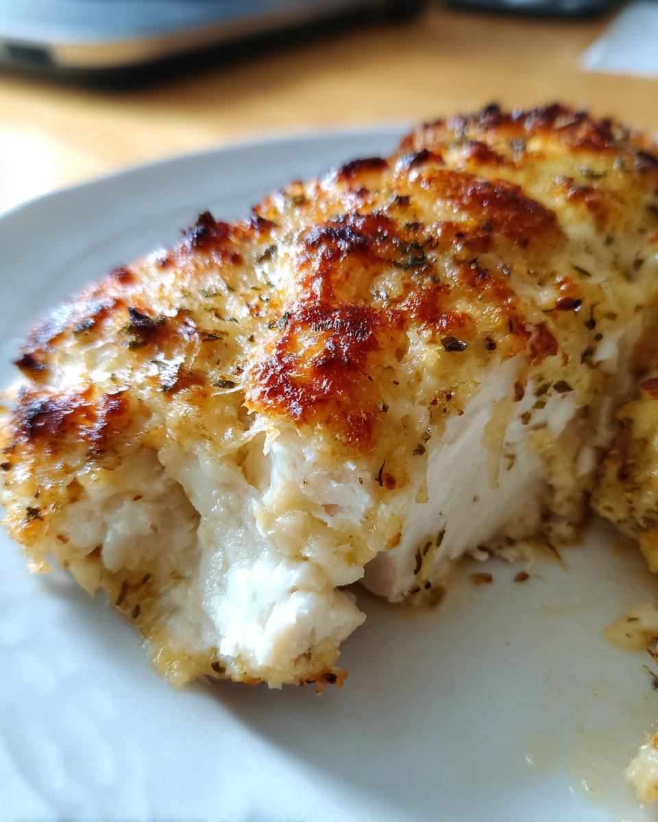 Close-up of a piece of juicy Garlic parmesan chicken bake showing the white, tender interior and golden, cheesy topping.