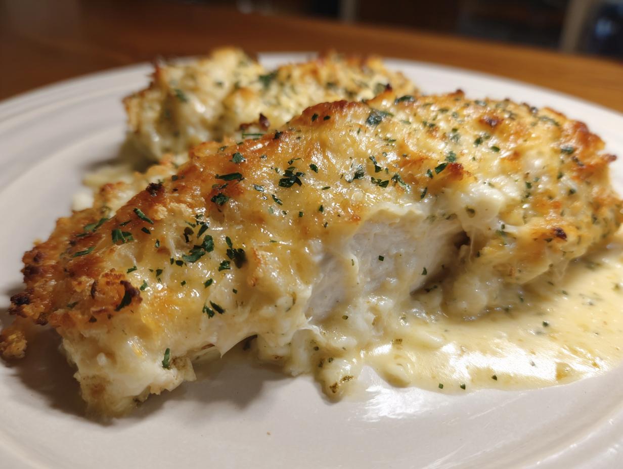 A close-up of a juicy piece of Garlic parmesan chicken bake, covered in melted cheese and herbs, resting in creamy sauce.