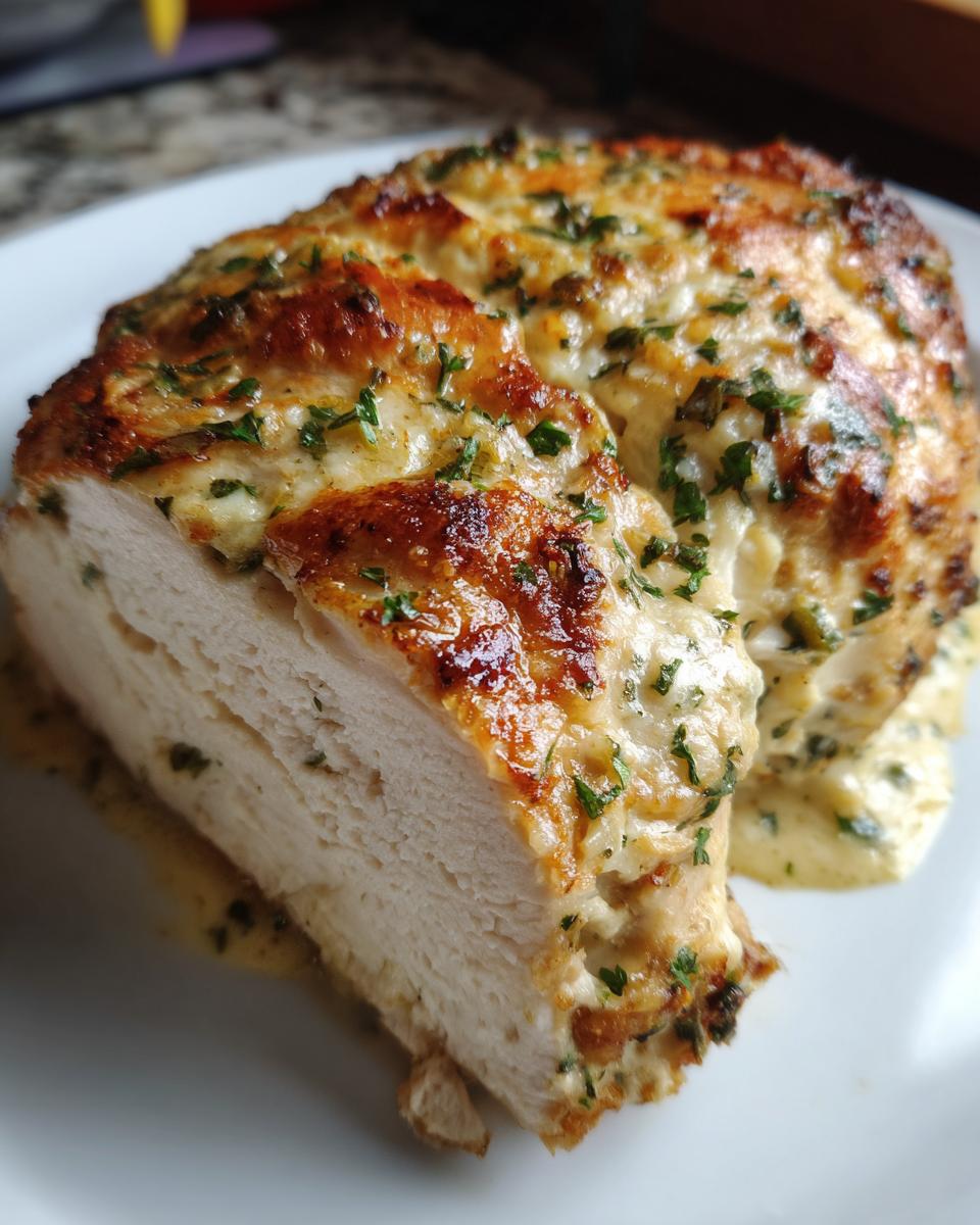 Cross-section of a perfectly cooked Garlic parmesan chicken bake, showing moist white meat topped with golden cheese and herbs.