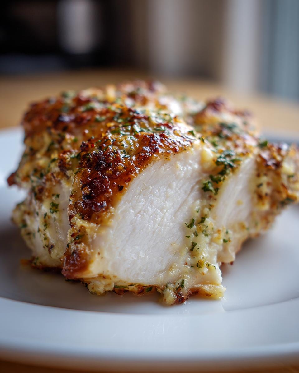 A close-up of a perfectly cooked slice of Garlic parmesan chicken bake showing moist white meat and a golden, herbed crust.