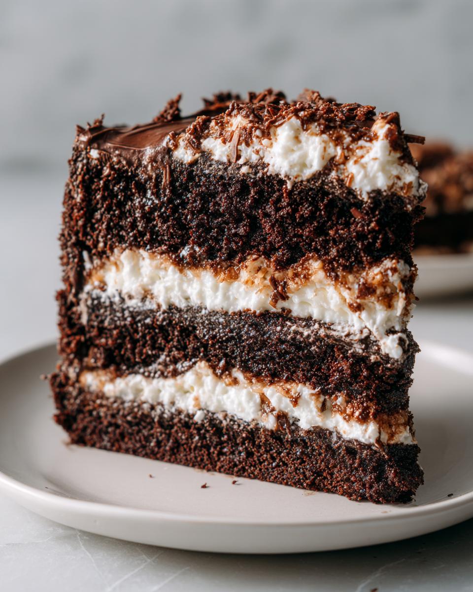 Close-up of a rich, multi-layered slice of german chocolate cake recipe with dark chocolate cake and white coconut-pecan filling.