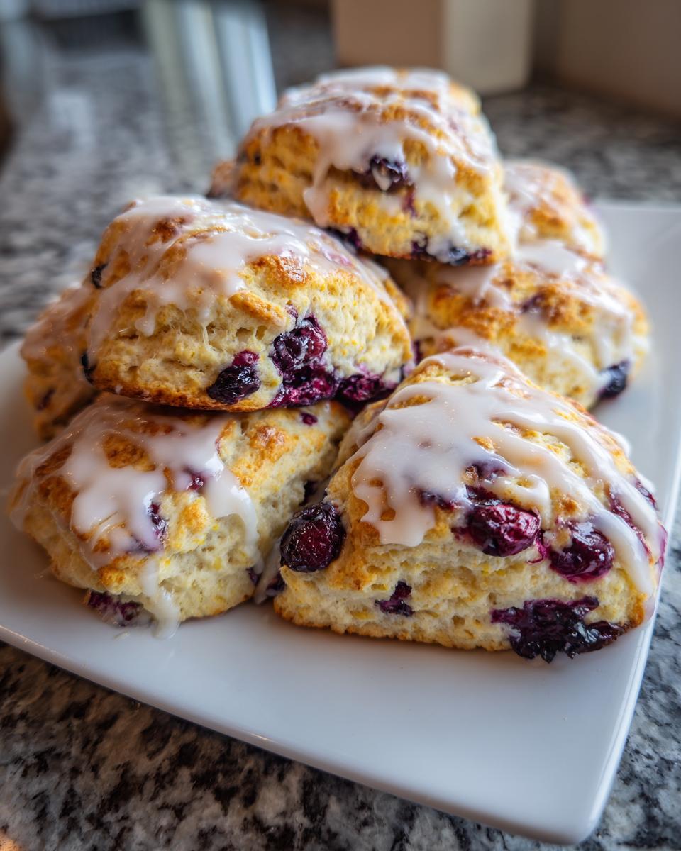 A stack of freshly baked, flaky blueberry scones topped with a thick white glaze, resting on a white plate.