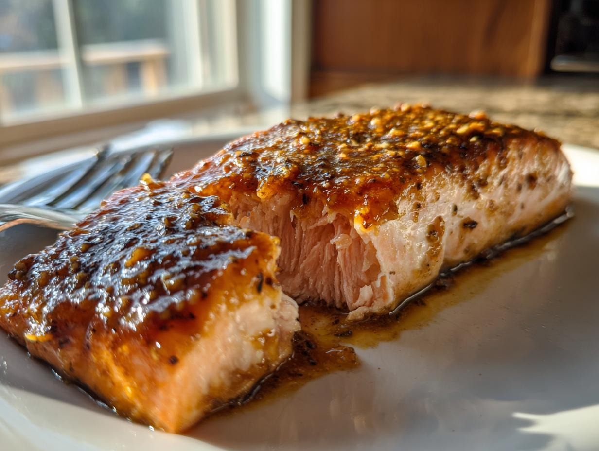 Close-up of a perfectly cooked, flaky salmon fillet covered in a shiny, savory glaze, ready to eat.