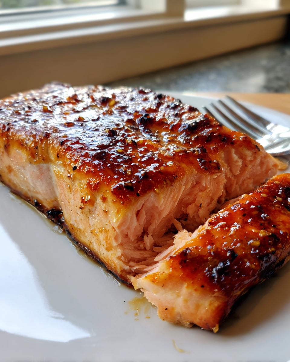 A close-up of a perfectly cooked, flaky salmon fillet with a shiny, caramelized glaze, ready to eat.