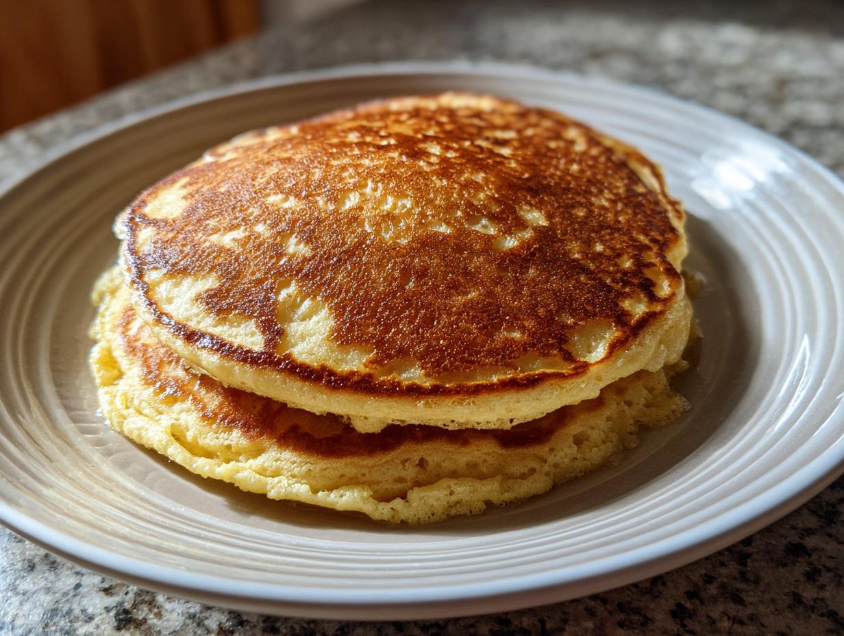 A close-up of two fluffy almond flour pancakes stacked on a light brown plate.