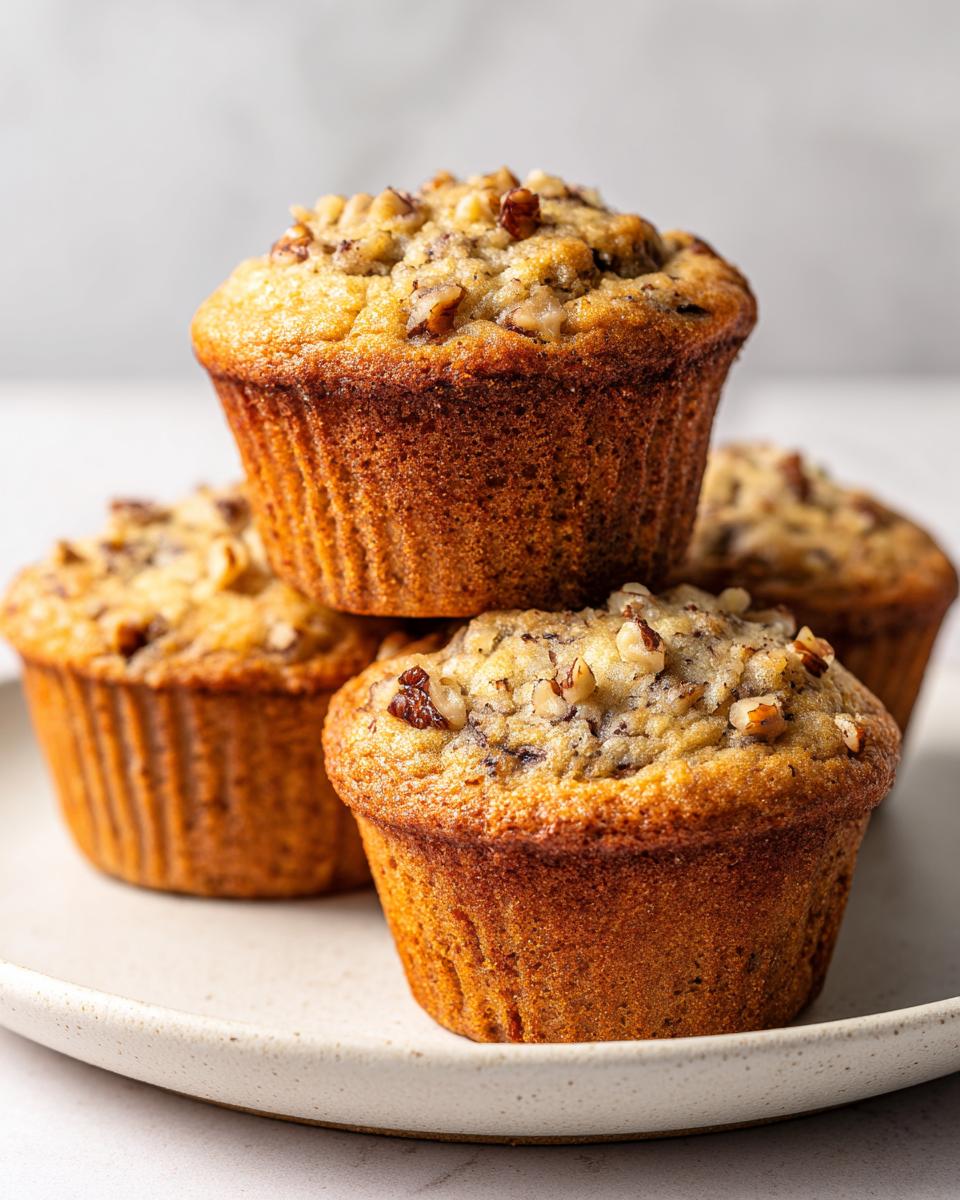 A stack of four golden brown banana nut muffins topped with chopped nuts on a light ceramic plate.