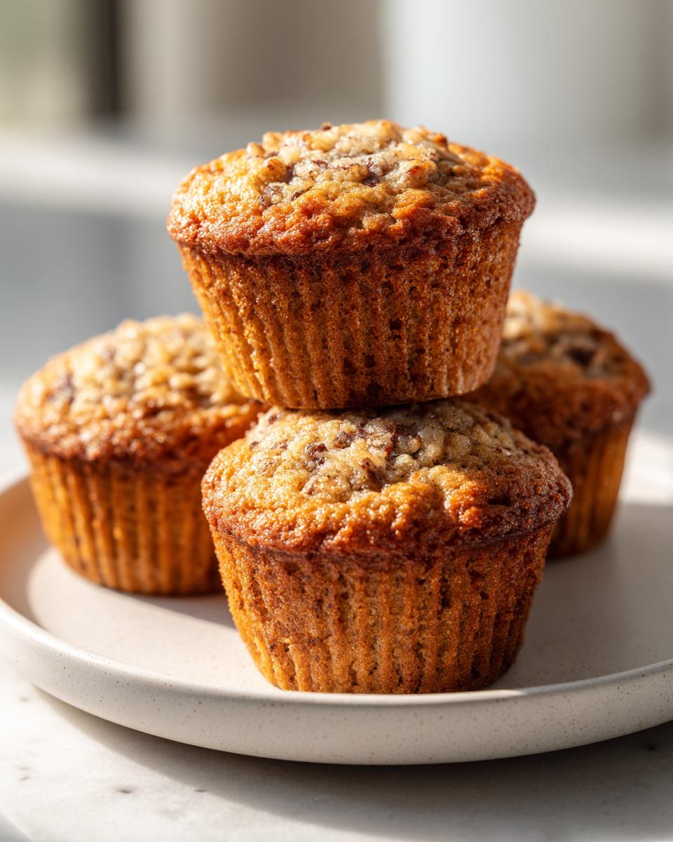A stack of four golden-brown banana nut muffins with crunchy tops sitting on a light-colored plate.