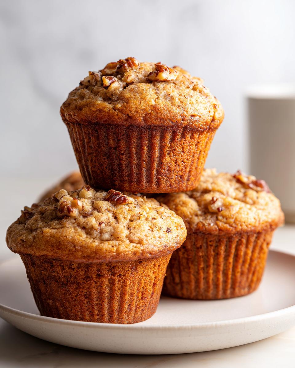 A close-up stack of three golden brown banana nut muffins topped with chopped pecans on a light plate.